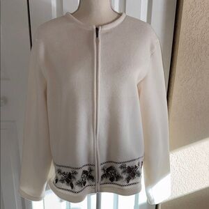 White Zip-Up Jacket with Floral Embroidery